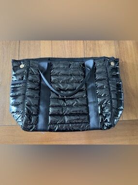 Glossy Black Quilted Tote with Sturdy Web Handles